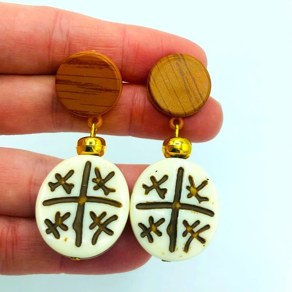 Wood and Bead Drop Earrings - Picture 3 of 4